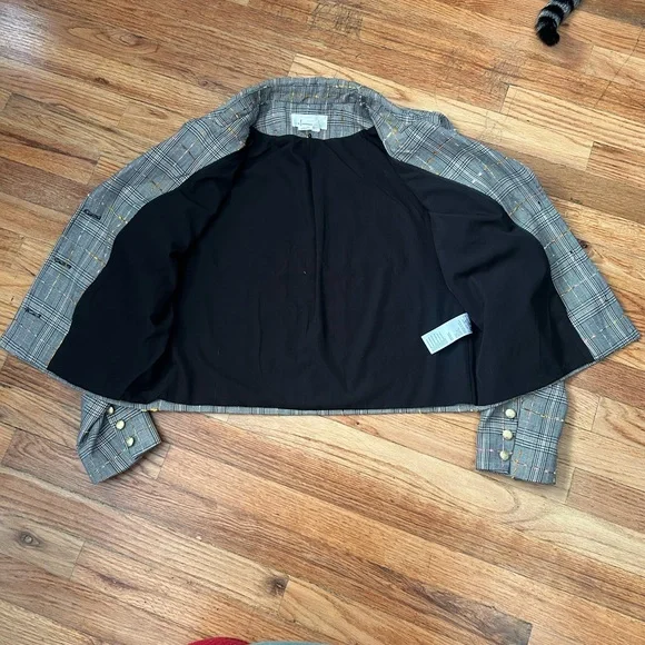 By Anthropologie Glen Plaid Tweed Blazer with Gold Buttons MISSING HOODIE Med - Picture 4 of 11